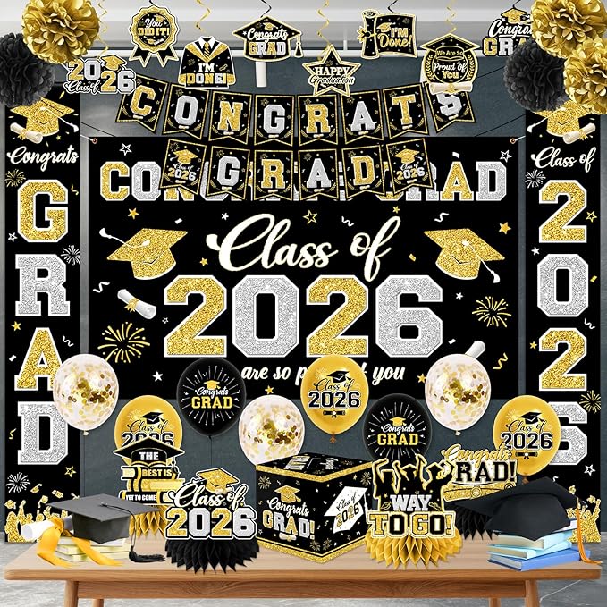 Class of 2026 Graduation Decorations - Black and Gold Congrats Grad Party Set with Backdrop, Porch Signs, Balloons & Swirls - Graduation Box & Honeycomb Centerpieces