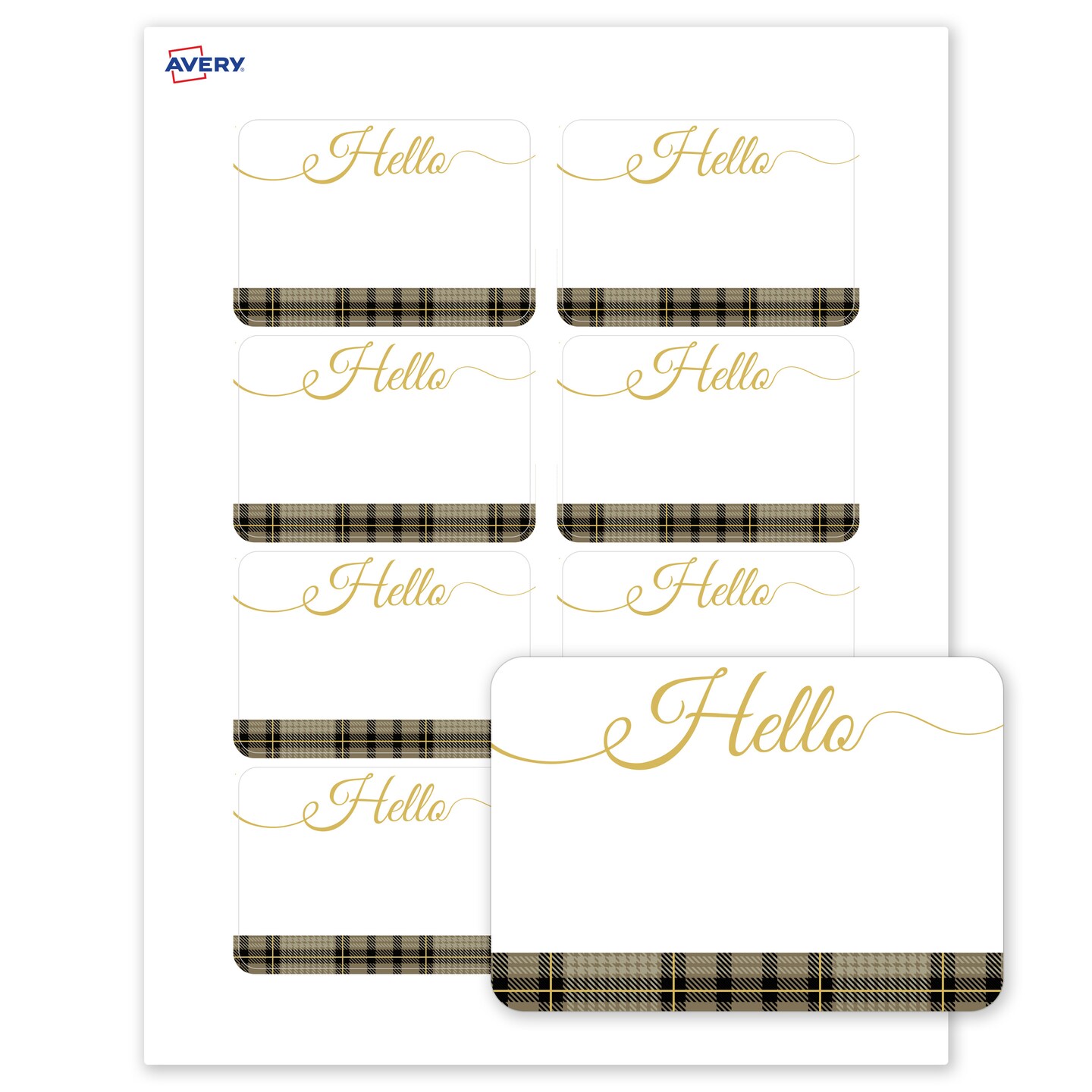 Avery® Printable Adhesive Name Tags, 2-1/3" x 3-3/8", Pre-printed Plaid & Metallic Gold Hello Design, 80 Total, Great for Meetings, Events, and More