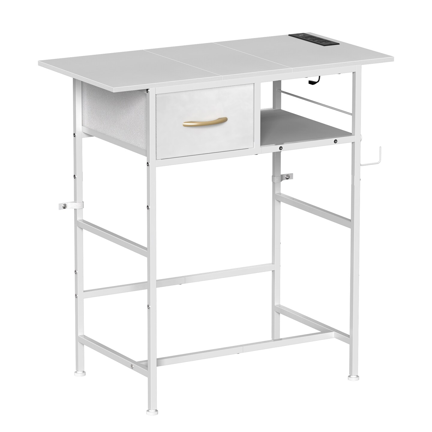 White Vanity Desk with Charging Station, Makeup Table with Drawer, Open Shelf, and Hair Dryer Hook