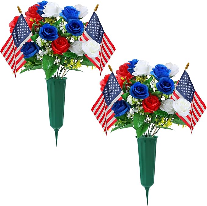 Memorial Day Cemetery Flowers for Grave - Weatherproof Red White Blue Bouquet with American Flags & Vase, Grave Decorations for Veterans Cemetery Headstones (2 Pack)