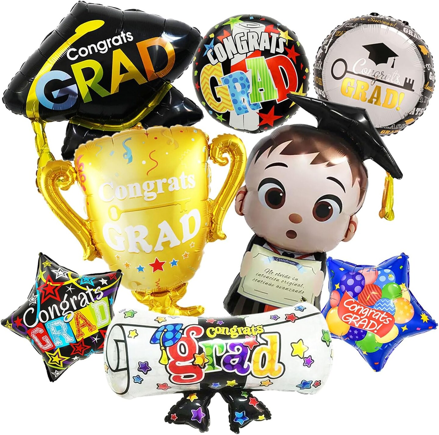 Graduation Party Balloons 2026 – 8PCS Congrats Grad Foil Balloon Set with Cap, Bear, Diploma & Trophy for Class of 2026 Decorations