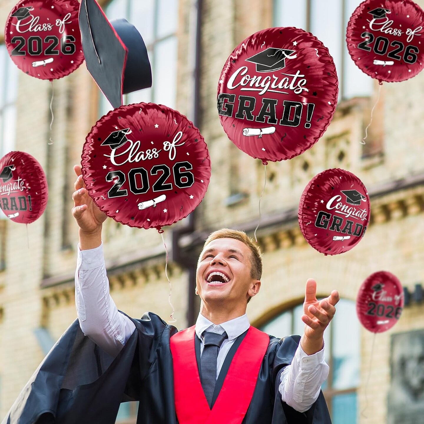 Graduation Party Balloons – Class of 2026 12-Piece 18” Maroon “Congrats Grad” Foil Balloon Set with Double-Sided Design for Graduation Decorations & Celebration Supplies