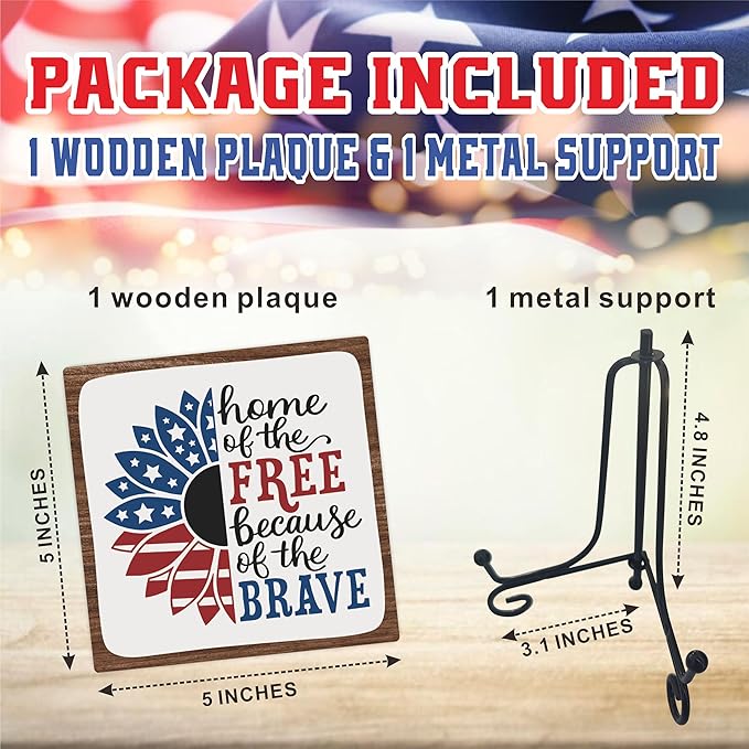 July 4th Petals Wood Plaque With Iron Stand - Home Of The Free Because Of The Brave - 4"x4" Wooden Block Sign, Patriotic Desk Signs, Shelf & Tabletop Decorations, America Memorial Day Supplies - E06