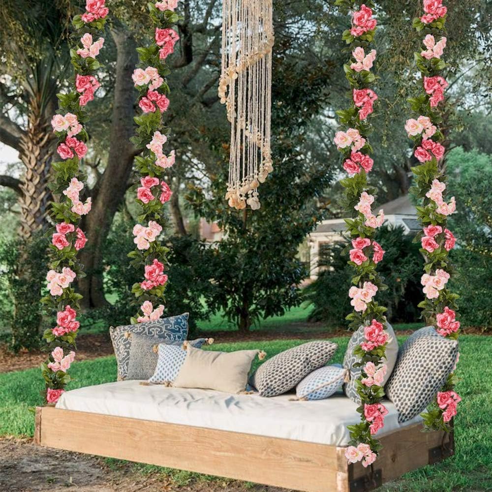 4-Pack (28.8 Ft) Artificial Silk Rose Flower Vines – Red Fake Garland for Wedding Arch, Backdrop, Room & Party Decoration