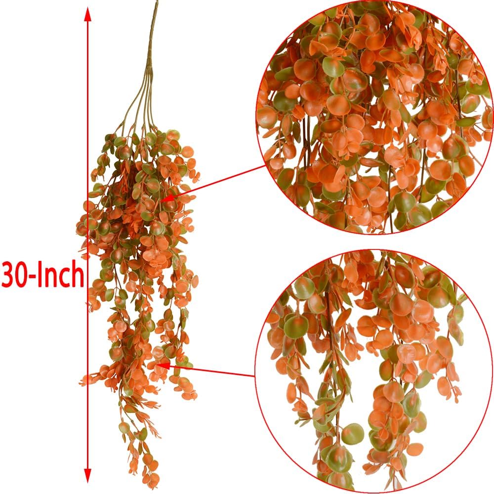 2 Pcs Artificial Hanging Fall Plants – Faux Eucalyptus Leaf Greenery Vines, UV-Resistant Outdoor Fake Plants for Home, Patio, Porch, Wall, Fall Décor (Orange)