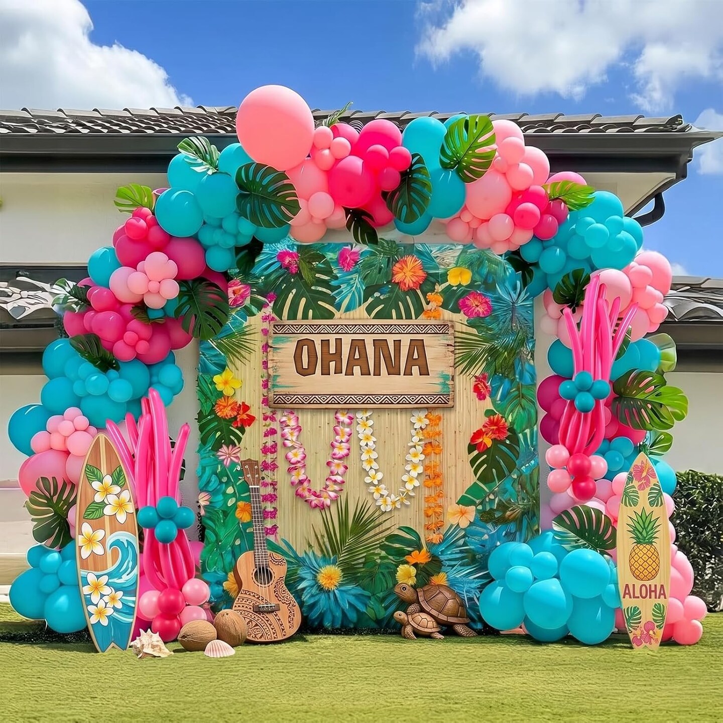 Tropical Hot Pink Teal Blue Balloon Garland arch kit 152 Pcs with Pastel Pink DIY Long Colored Balloons for Summer aloha Birthday Baby shower Gender reveal Hawaii cartoon Theme Decoration Supplies