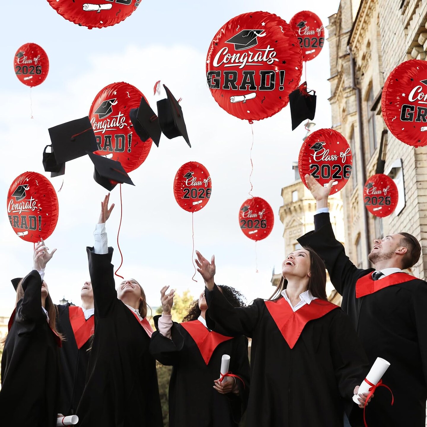 Graduation Party Balloons – Class of 2026 12-Piece 18” Red “Congrats Grad” Foil Balloon Set with Double-Sided Design for Graduation Decorations & Celebration Supplies