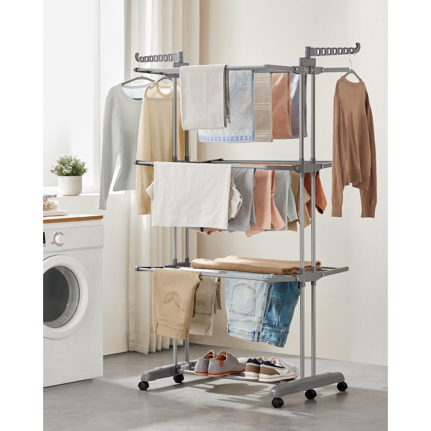 Foldable Clothes Drying Rack 4 Tier 14 Slot Wings With Wheels