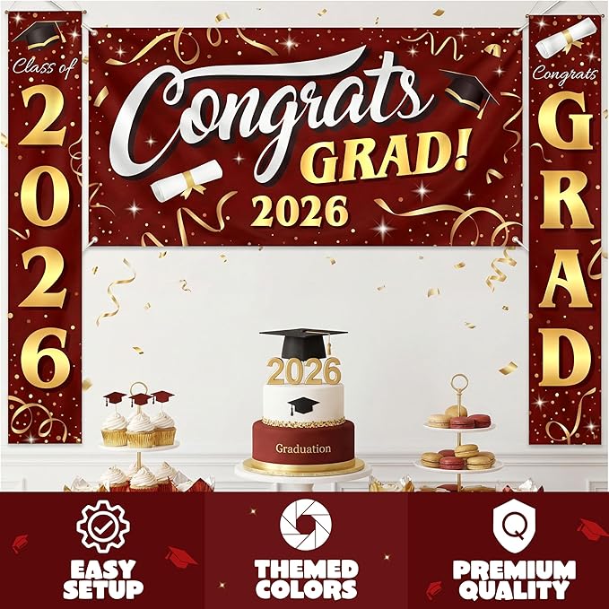 Class of 2025 Maroon & Gold Graduation Backdrop Set - 3-Piece Premium Satin "Congrats Grad" Banner Bundle - Weather-Resistant Hanging Porch Signs & Large Photo Backdrop for Indoor/Outdoor Senior Party Decor