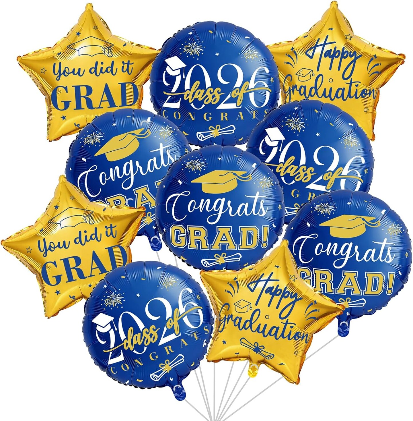 Graduation Party Balloons – Class of 2026 10-Piece Blue & Gold Congrats Grad Foil Balloon Set with Star Mylar Balloons for High School & College Graduation Decorations
