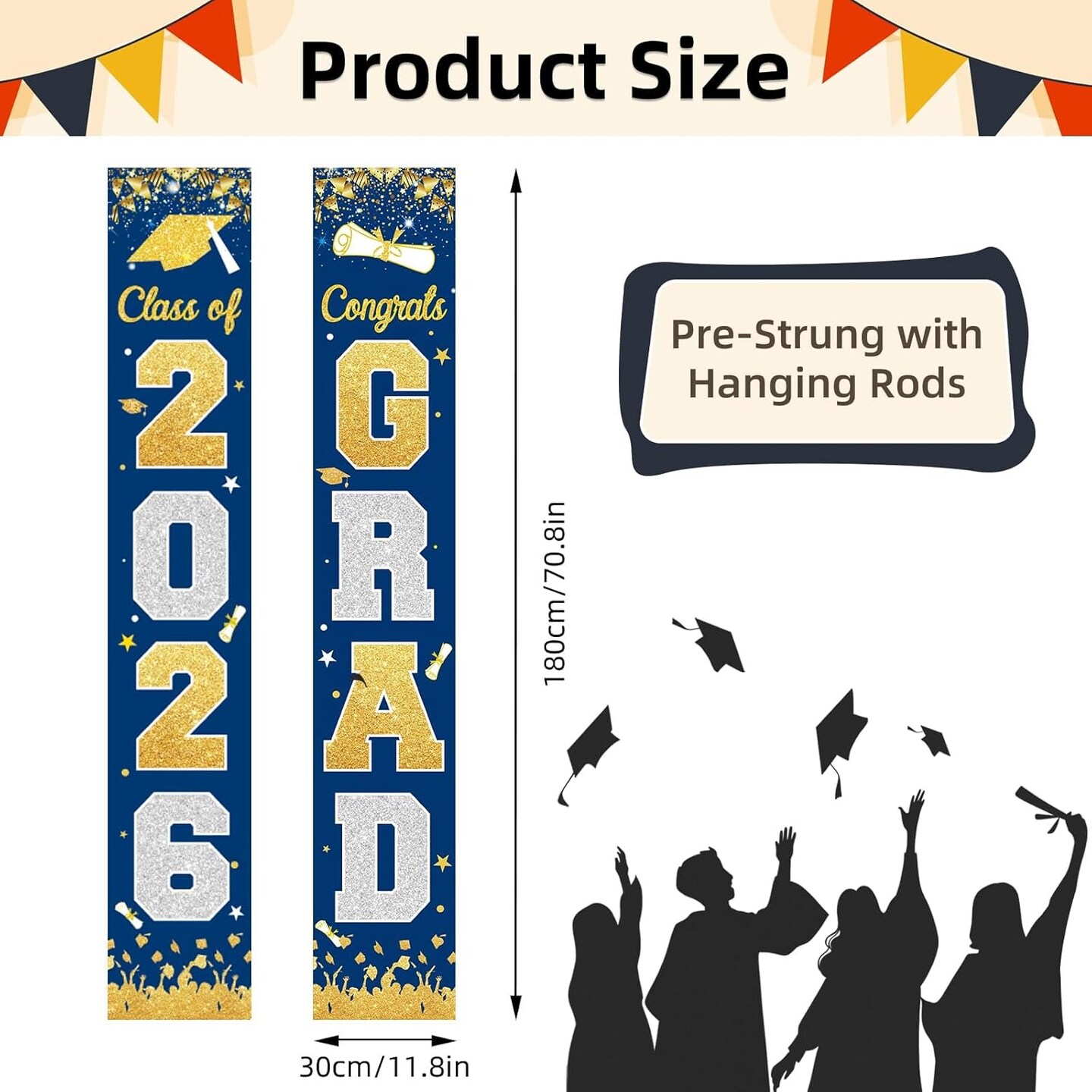 Graduation Party Decoration – Class of 2026 Congrats Grad Door Banner Set, 71 x 12 Inch Vertical Hanging Porch & Doorway Sign, Large Blue Graduation Welcome Banner for Indoor Outdoor Party Decor