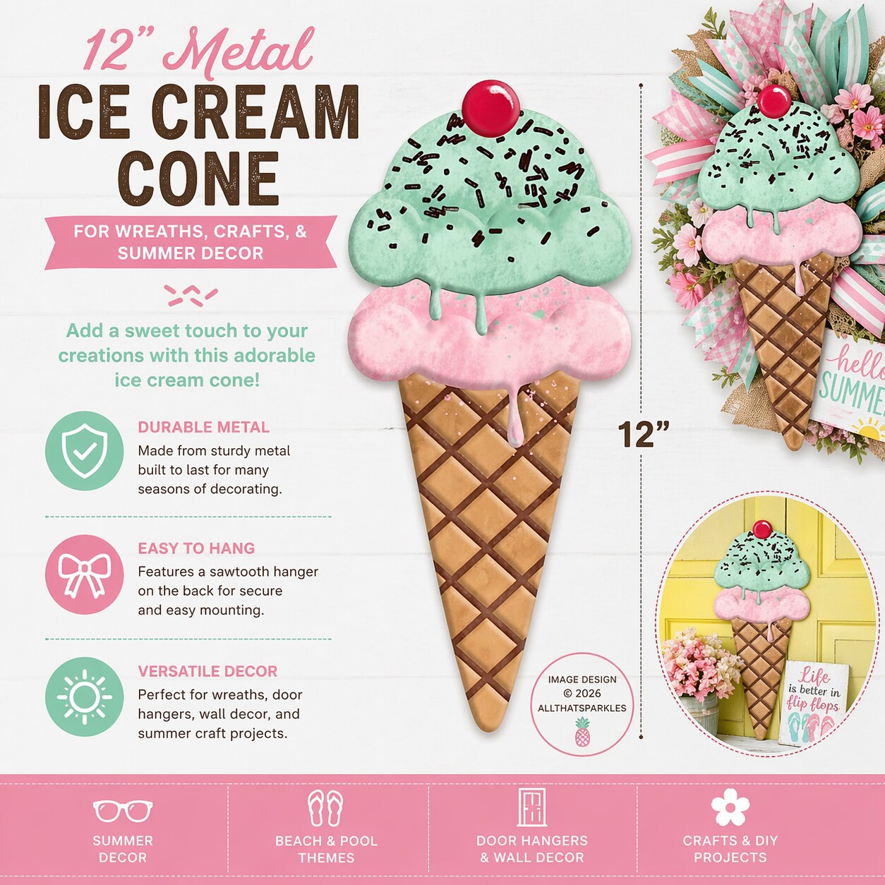 Ice Cream Cone 12" Metal Sign for Wreath Attachments, Crafts, and Party Decorations