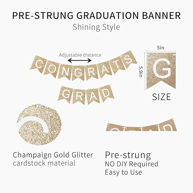 Class of 2026 Congrats Grad Banner - 2-Piece Gold Glitter Graduation Garland Set - Elegant Pre-Strung Sign for High School, College, and University Graduation Party Backdrop Decorations