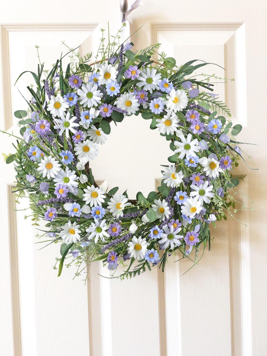 24 Inch Purple Daisy Flower Wreath for Front Door, Artificial Spring Summer Wreath with Lavender & Green Eucalyptus Leaves, Large Floral Farmhouse Decor for Wall, Window, Wedding & Indoor Displays