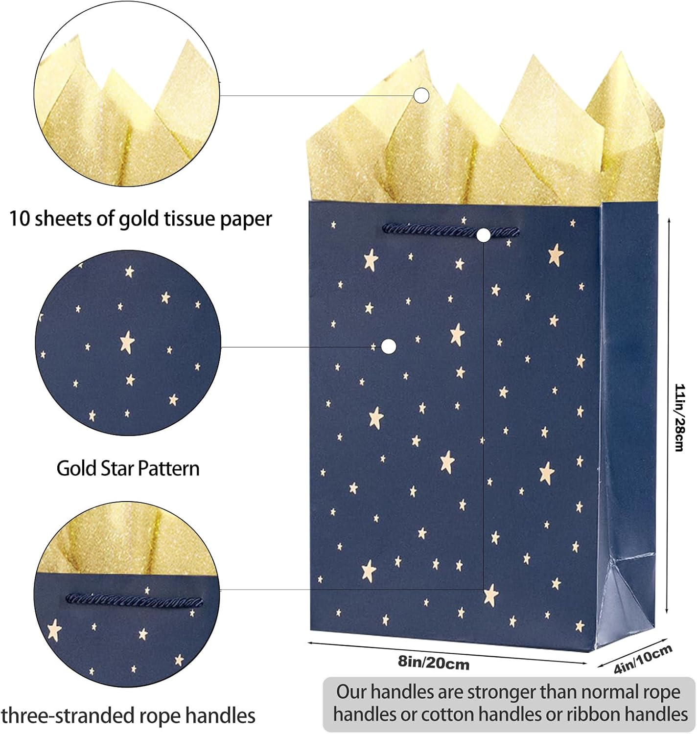 10 Pack Navy Blue Kraft Paper Gift Bags with Gold Foil Stars – 8x4x11 Inch Gift Bags with Handles & Tissue Paper, Bulk Gift Bags for Groomsmen, Christmas, Parties & Events