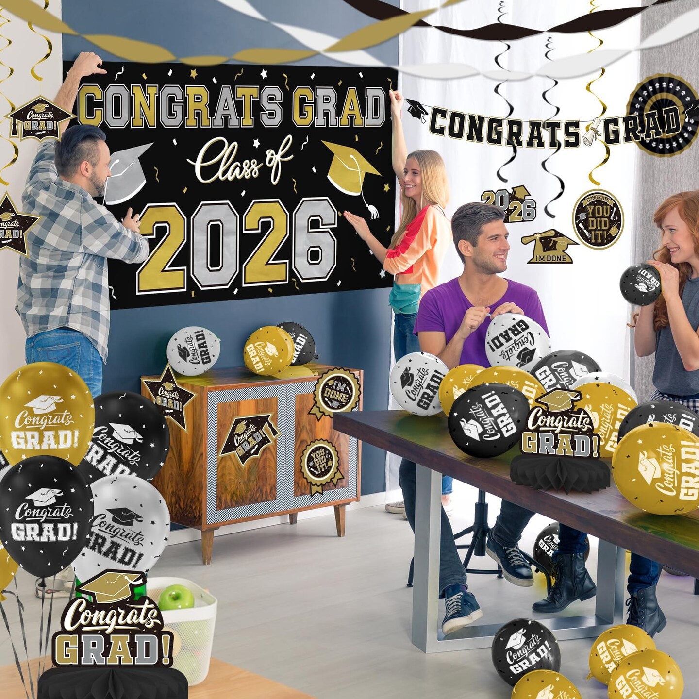 Black and Gold Themed 2026 Graduation Decorations Set - Congrats Grad Banner, Class of 2026 Backdrop, Balloons & Streamers Kit - Graduation Party Supplies for High School & College Celebrations