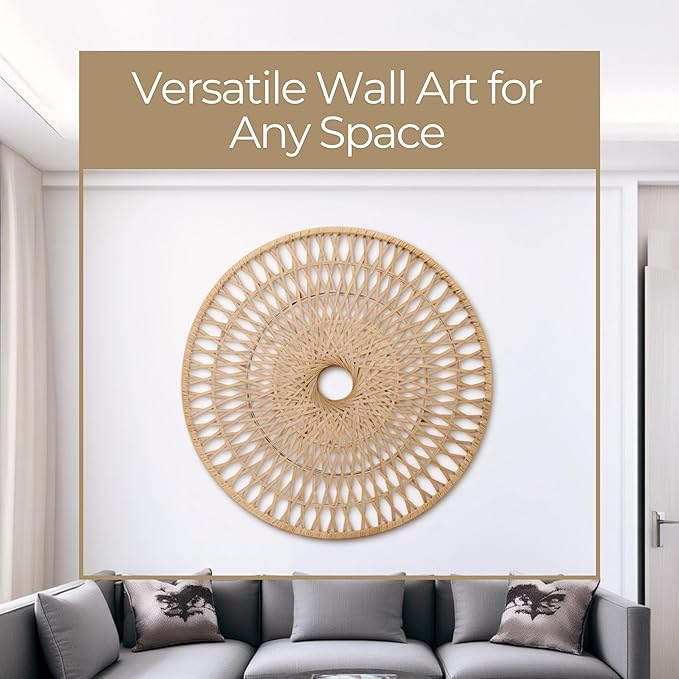 Round Woven Rattan Wall Hanging Art Piece – Natural Bamboo and Wood Wicker Home Decor Accent – Handmade Boho Wall Decor for Bedroom, Living Room, & Office – 36", White