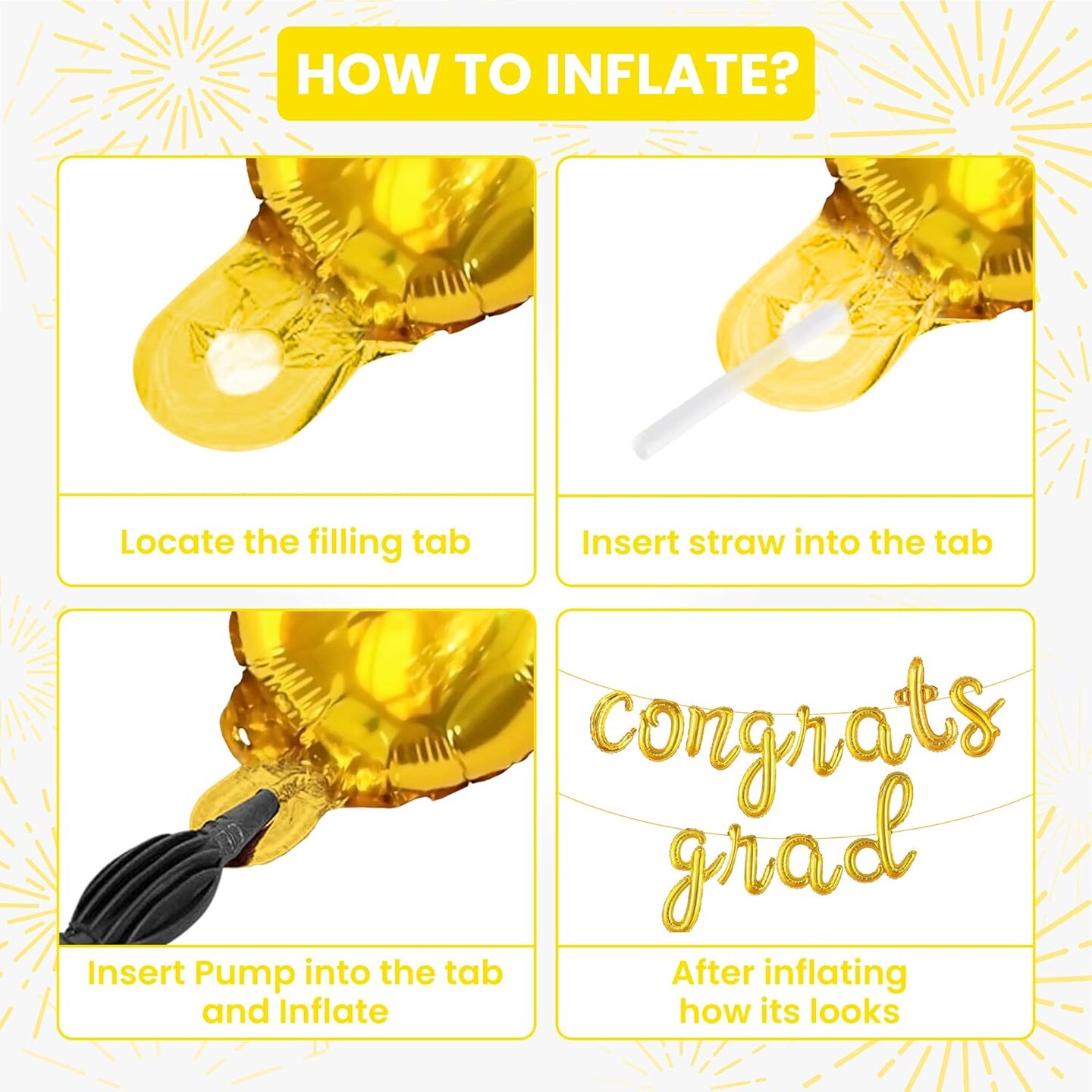 Graduation Party Balloons – 16” Gold “Congrats Grad” Script Banner Foil Balloon Set for Class of 2026 Graduation Decorations