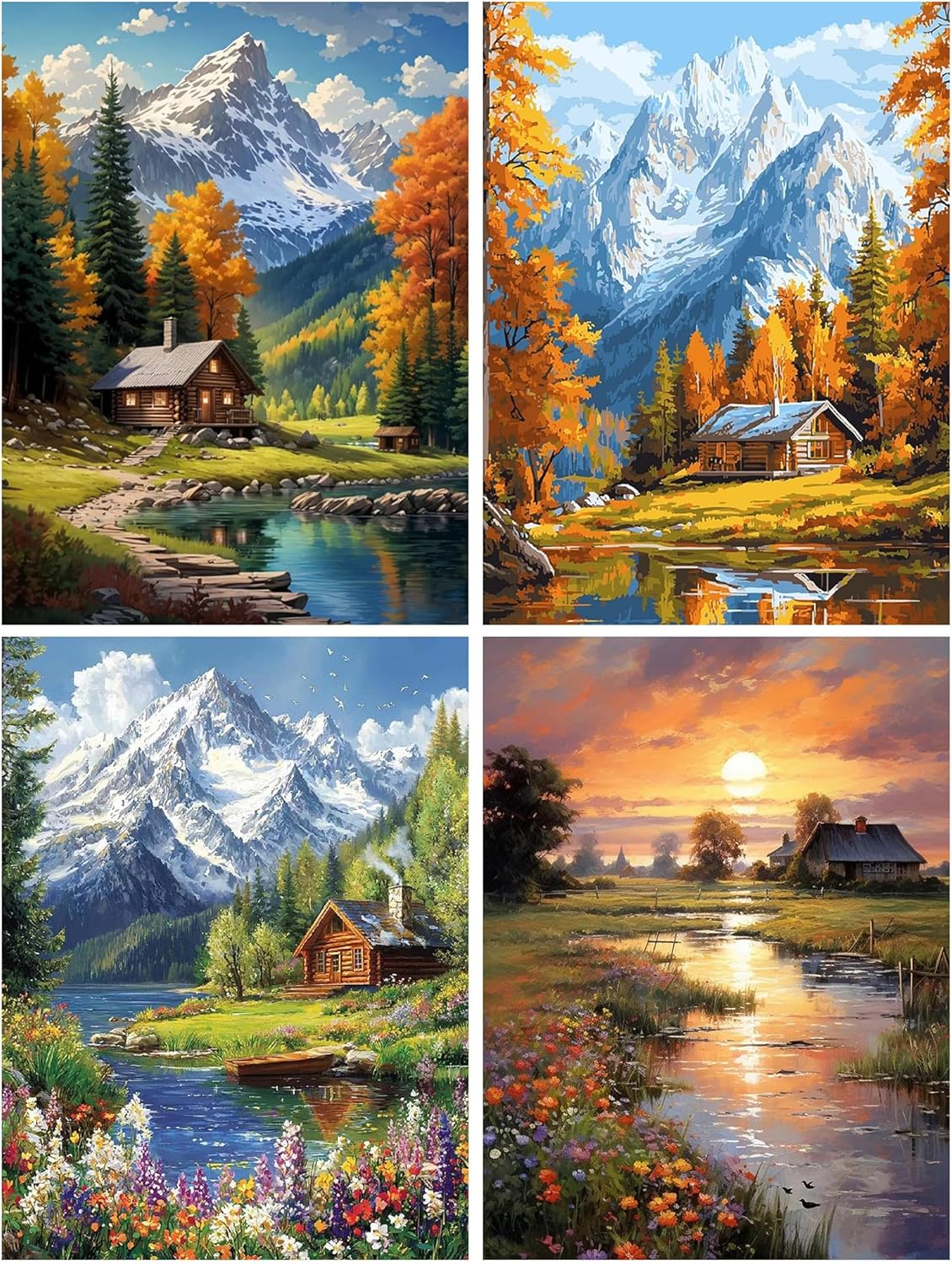4 Pack Paint by Numbers Kit for Adults – Mountain Cabin Lake Sunset Landscape DIY Oil Painting Set on 12x16 Inch Canvas for Beginners, Wall Art & Home Decor Gift