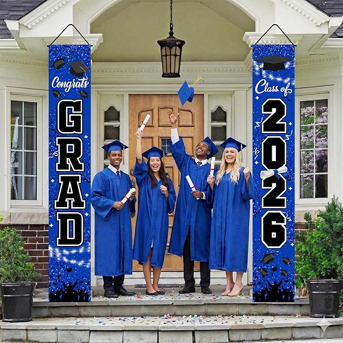 Class of 2026 Graduation Decorations Set - Blue & Gold Congrats Grad Porch Banners - Includes Large Fabric Backdrop & Yard Sign Decor - Premium Party Supplies for High School & College
