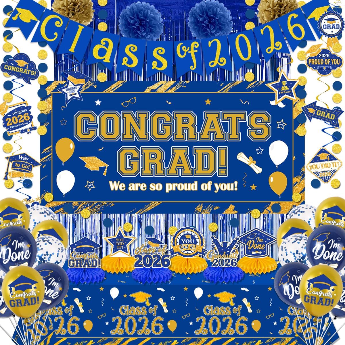 Graduation Party Decoration – Blue & Gold Class of 2026 Banner Kit with Congrats Grad Backdrop, Balloons, Paper Pompoms & Hanging Swirls, Complete Graduation Party Supplies Set