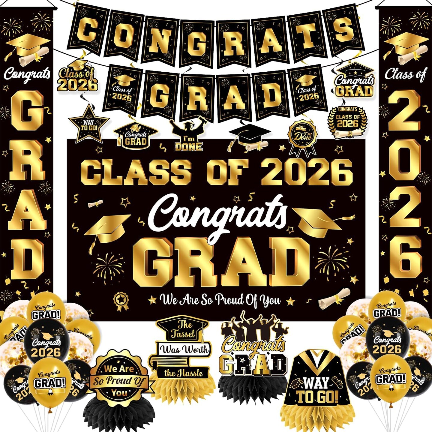 Graduation Party Decorations – Class of 2026 Black & Gold Complete ...
