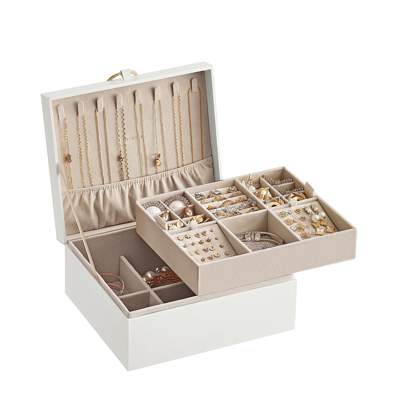 Jewelry Storage Box with Lid Hooks Tray Organizer Necklace Ring Earring Case