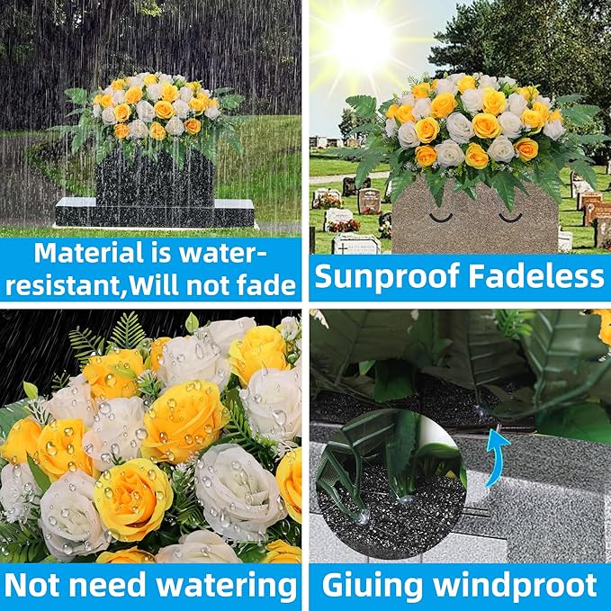 Cemetery Headstone Flower Saddle,Artificial Cemetery Flower Saddles for Graves,Artificial Rose Cemetery Memorial Flowers for Outdoor Tombstone Headstone Decorations (Yellow)