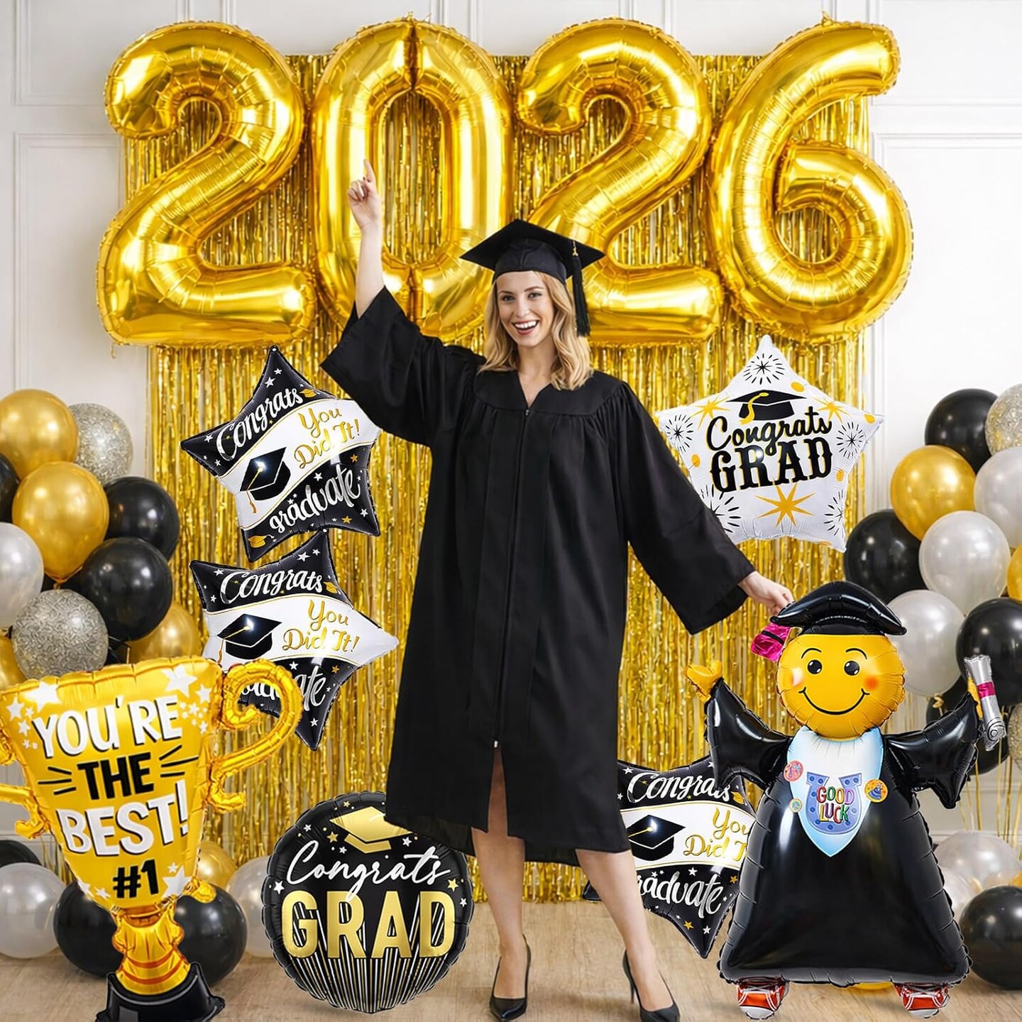 Graduation Party Balloons – 13-Piece Class of 2026 Black & Gold Foil Balloon Set with Giant 2026 Numbers, Trophy, Star & Congrats Grad Mylar Balloons for Graduation Decorations