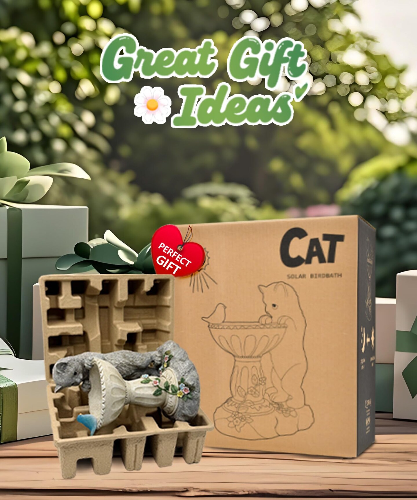 Solar Cat Statue for Garden Decor: IP44 Weatherproof Resin with Automatic Lighting - No Installation- Outdoor Yard Patio Balcony Art - Birthday Gifts for Bird Lovers Mom Grandma Women