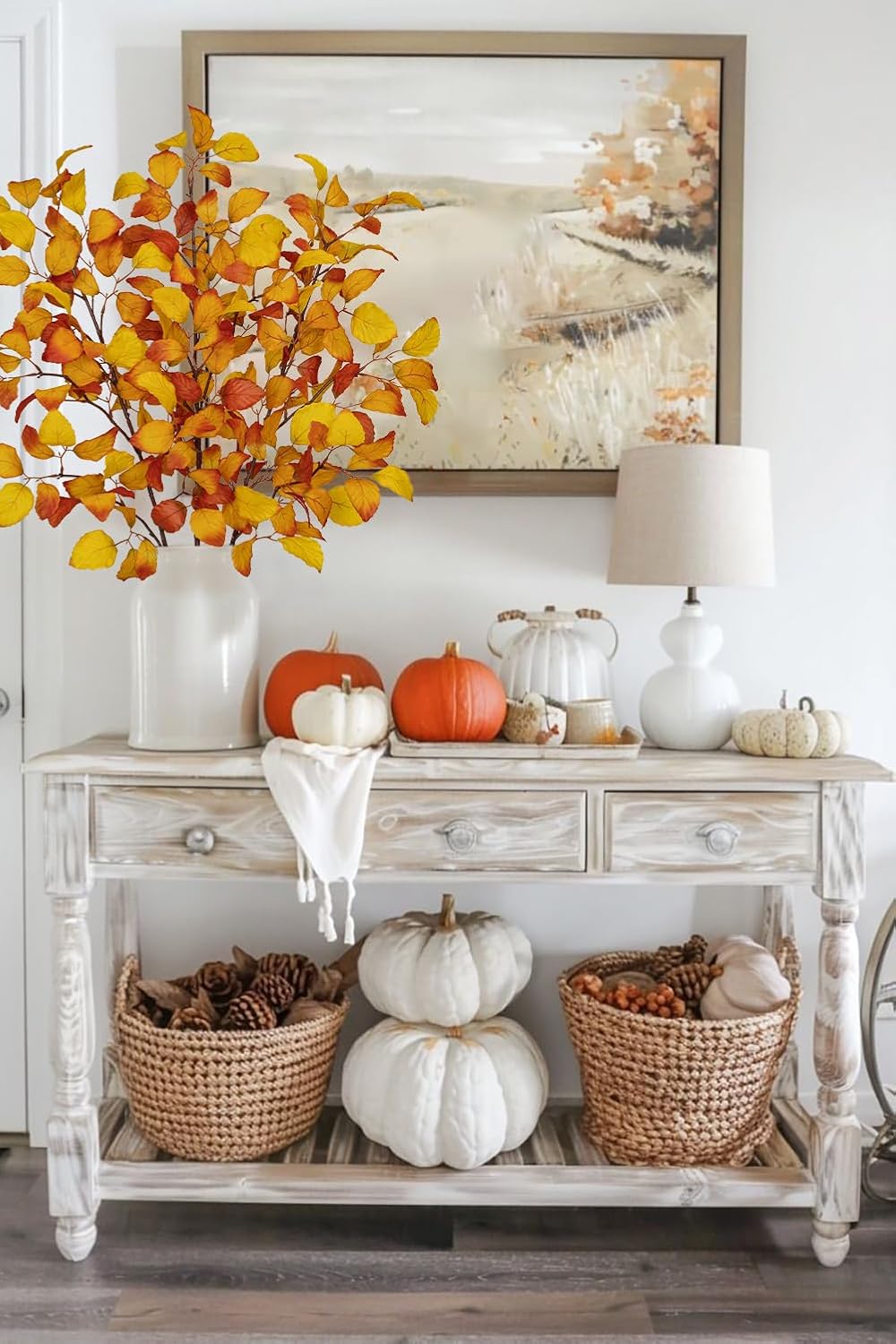 3PCS Artificial Fall Beech Leaf Branch Stems – 39" Gold Autumn Foliage Faux Fagus Sylvatica Silk Leaves for Floral Arrangements, Vase Centerpieces & Seasonal Home Decor
