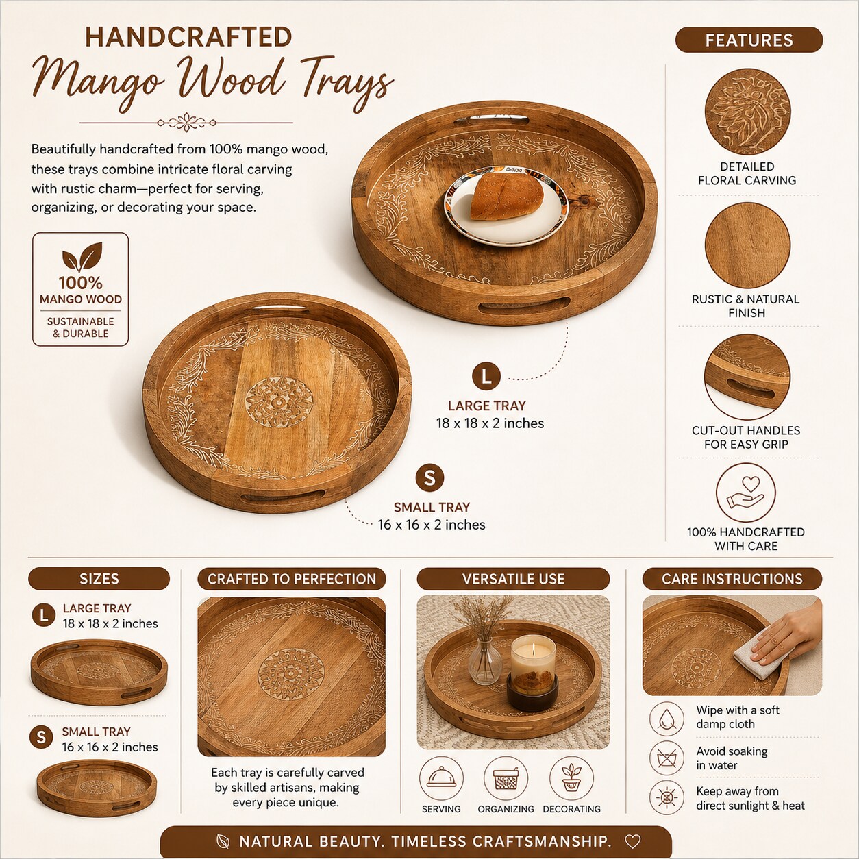 Handcrafted Round Wooden Serving Tray – Rustic Engraved Decorative Tray| Set of 2