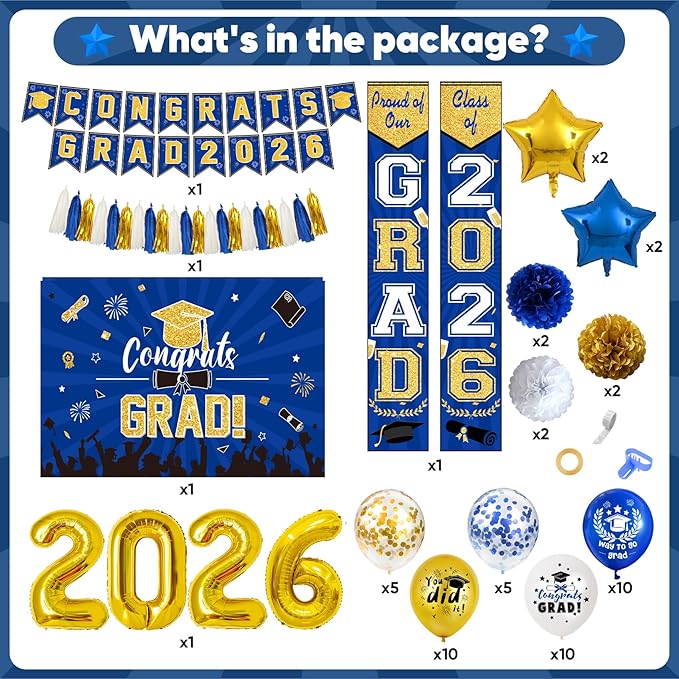 Class of 2026 Graduation Decorations - 61-Piece Blue and Gold Party Kit: Congrats Grad Backdrop, Porch Signs, Tassels & Large Balloon Set - College & High School Supplies