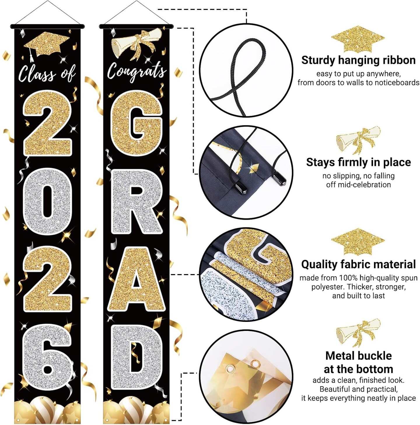 Graduation Party Decoration – Black Class of 2026 Congrats Grad Porch Banner, 72×12 Inch Indoor & Outdoor Graduation Door Sign for Elegant Party Decor