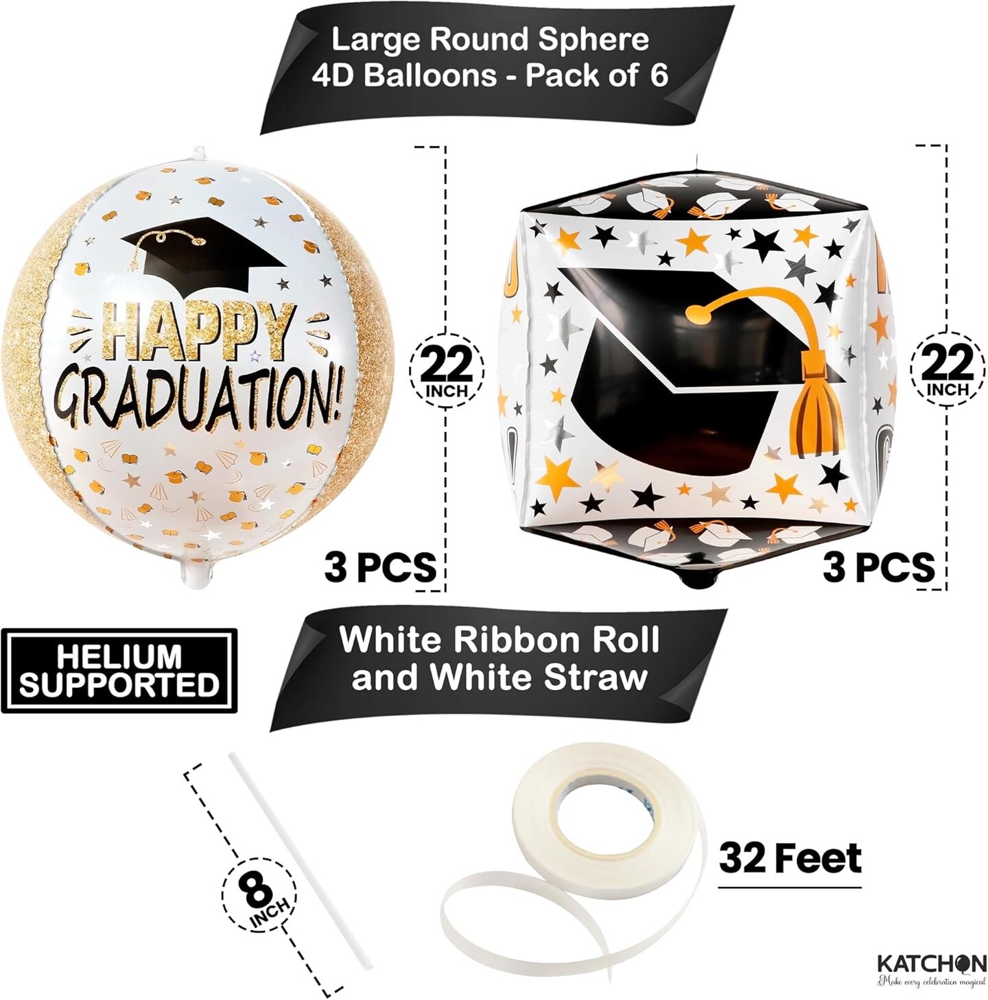 Graduation Party Balloons – Pack of 6 Black & Gold Mylar Foil Balloon Set with Graduation Cap Balloon for Class of 2026 Graduation Decorations & Party Supplies