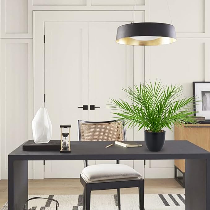 Fake Plant 15’’ Artificial Palm Plant in Matte Black Pot Realistic Faux Tropical Palm Tree Houseplant for Home Indoor Living Room Tabletop Bedroom Decorations