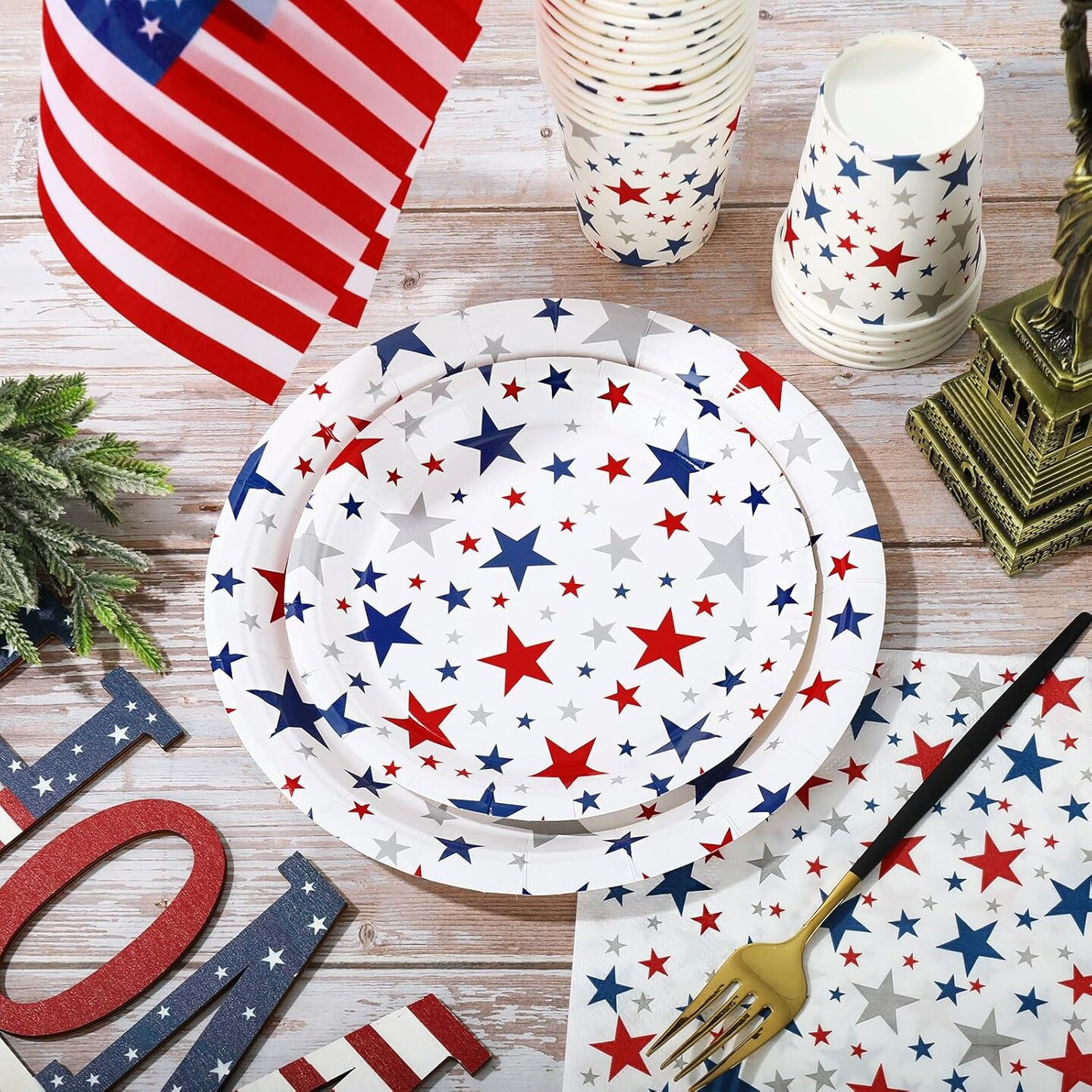 96PCS Patriotic Stars Tableware Set for 24 Guests – Red, Blue & Silver Disposable Dinnerware with Plates, Napkins & Cups for 4th of July, Memorial Day & Independence Day Celebrations