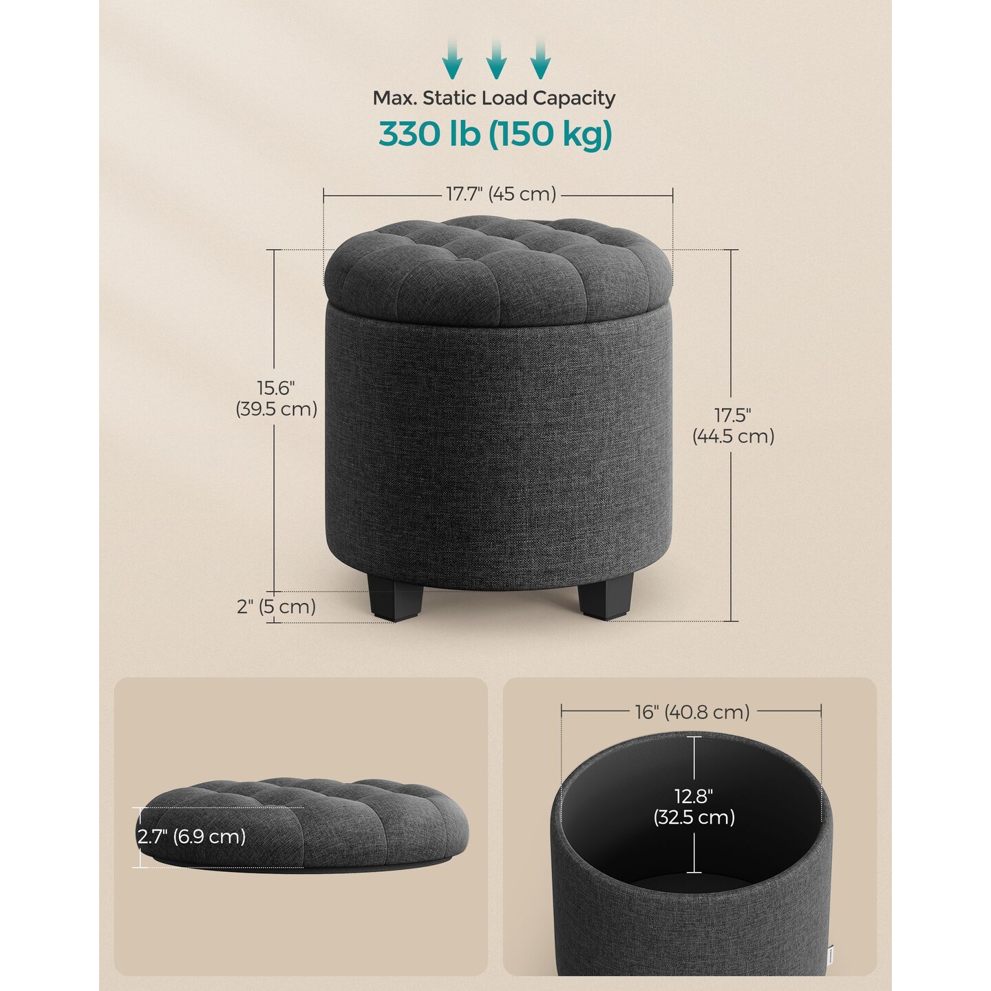 Round Storage Ottoman with Hidden Storage Upholstered Footstool Tufted Linen Look Fabric 330 LBS Capacity Dark Gray