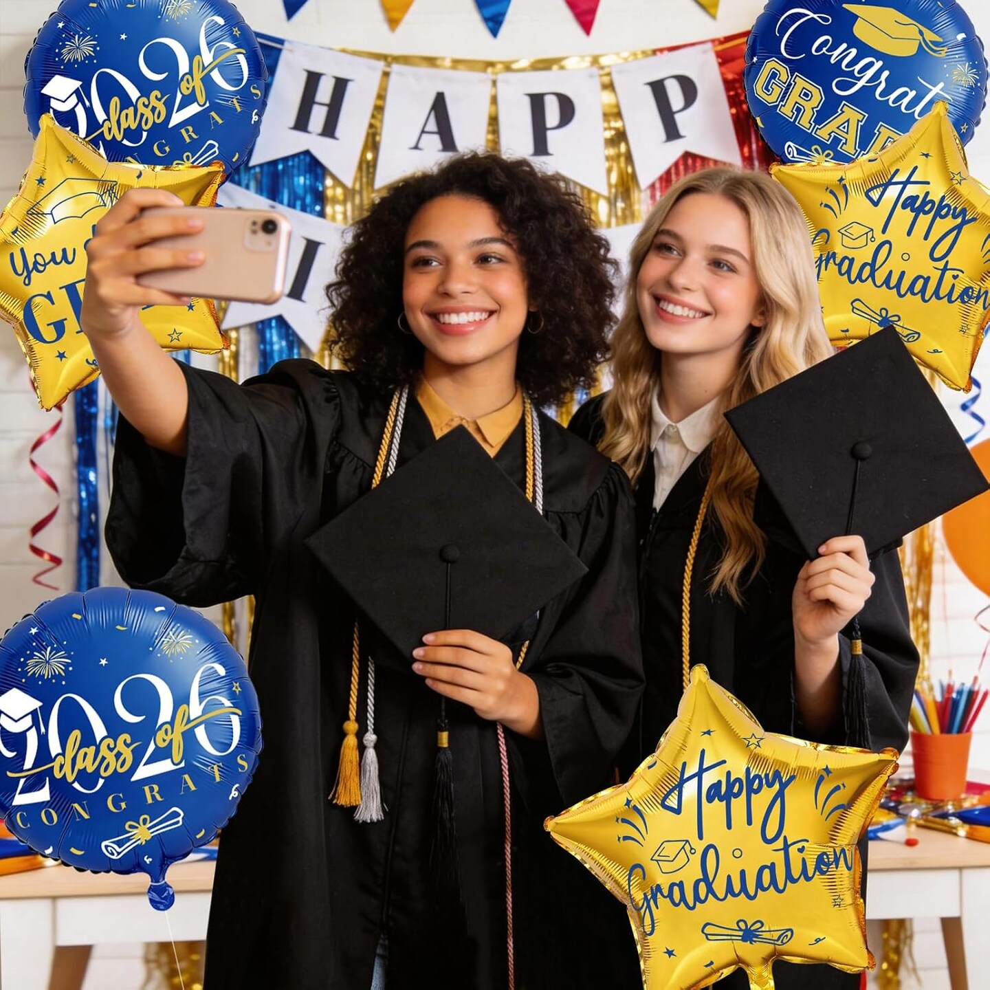 Graduation Party Balloons – Class of 2026 10-Piece Blue & Gold Congrats Grad Foil Balloon Set with Star Mylar Balloons for High School & College Graduation Decorations
