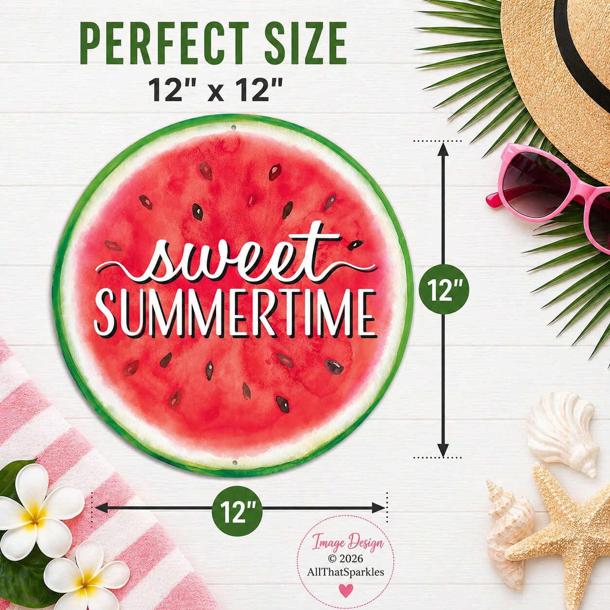 Watermelon 12" Round Sign Sweet Summertime for Wreath Center Attachment, Party & Wall Decorations