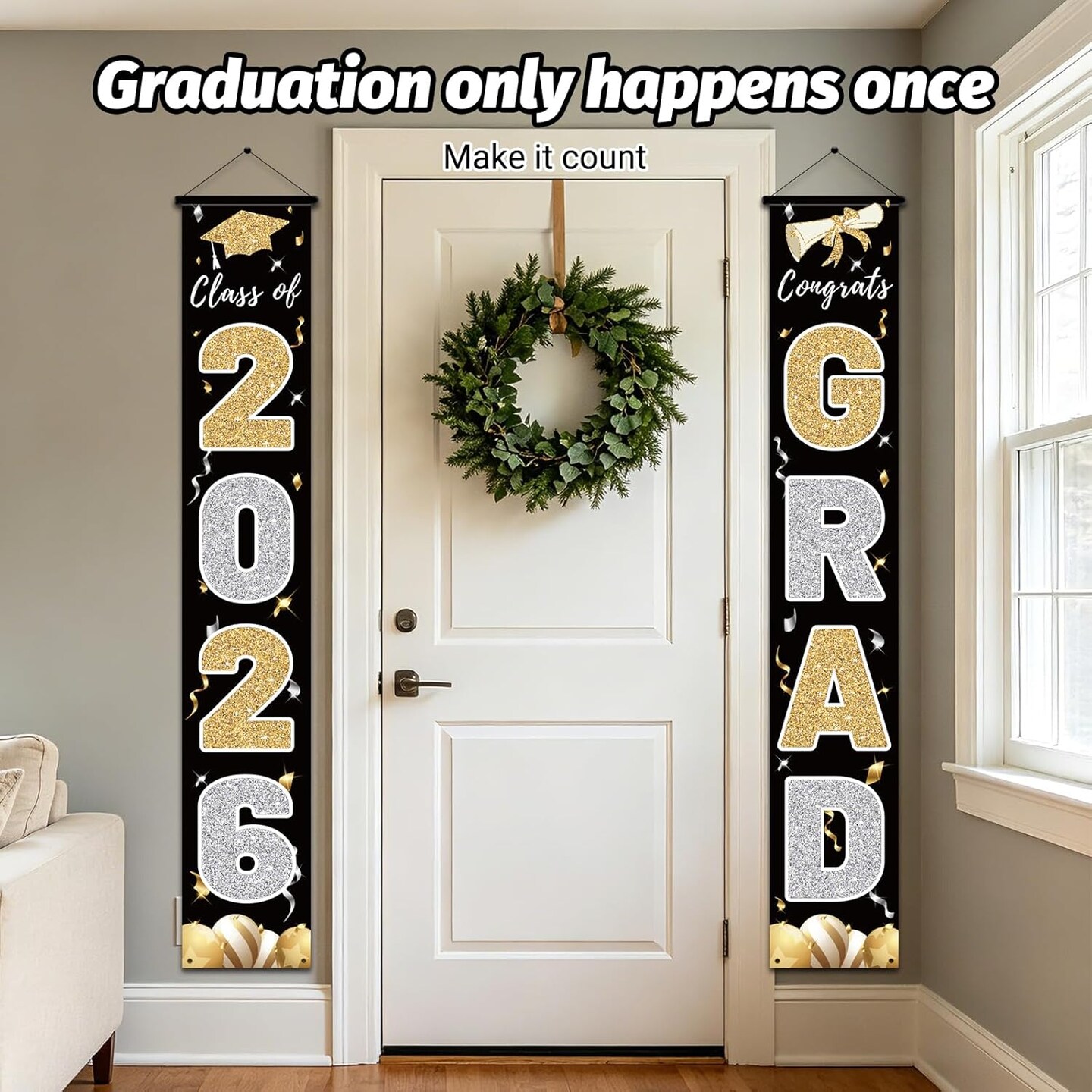 Graduation Party Decoration – Black Class of 2026 Congrats Grad Porch Banner, 72×12 Inch Indoor & Outdoor Graduation Door Sign for Elegant Party Decor