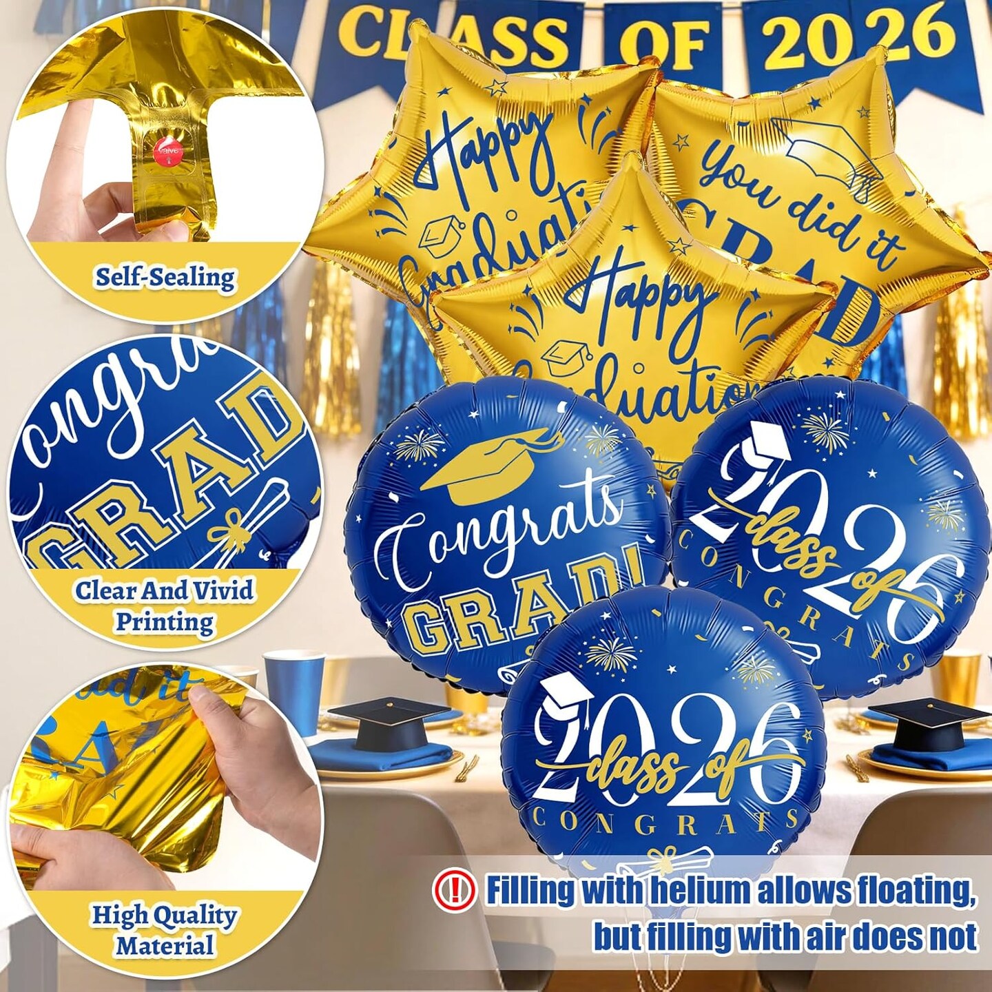Graduation Party Balloons – Class of 2026 10-Piece Blue & Gold Congrats Grad Foil Balloon Set with Star Mylar Balloons for High School & College Graduation Decorations