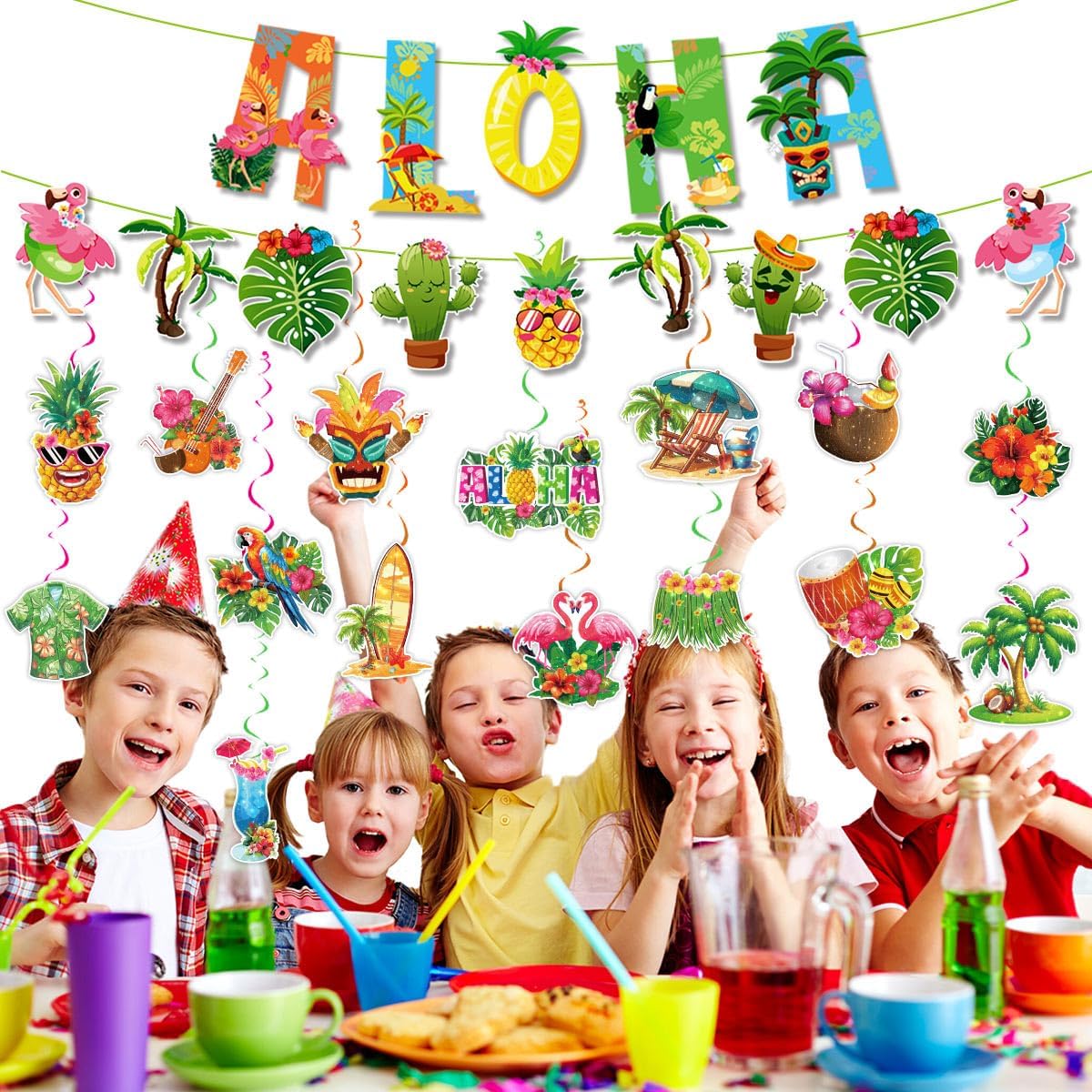 32-Piece Hawaiian Luau Hanging Swirl Decorations | Tropical Flower, Palm & Flamingo Foil Ceiling Danglers for Summer Beach, Pool Party & Tiki Supplies