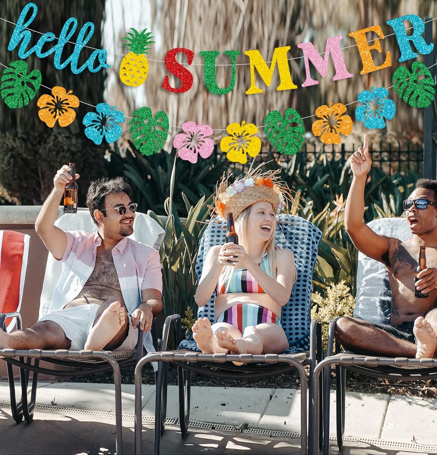Glittery Hello Summer Banner | Hawaiian Luau Tropical Bunting Garland for Summer Holiday, Birthday & Luau Party Decorations – Indoor/Outdoor Wall Decor