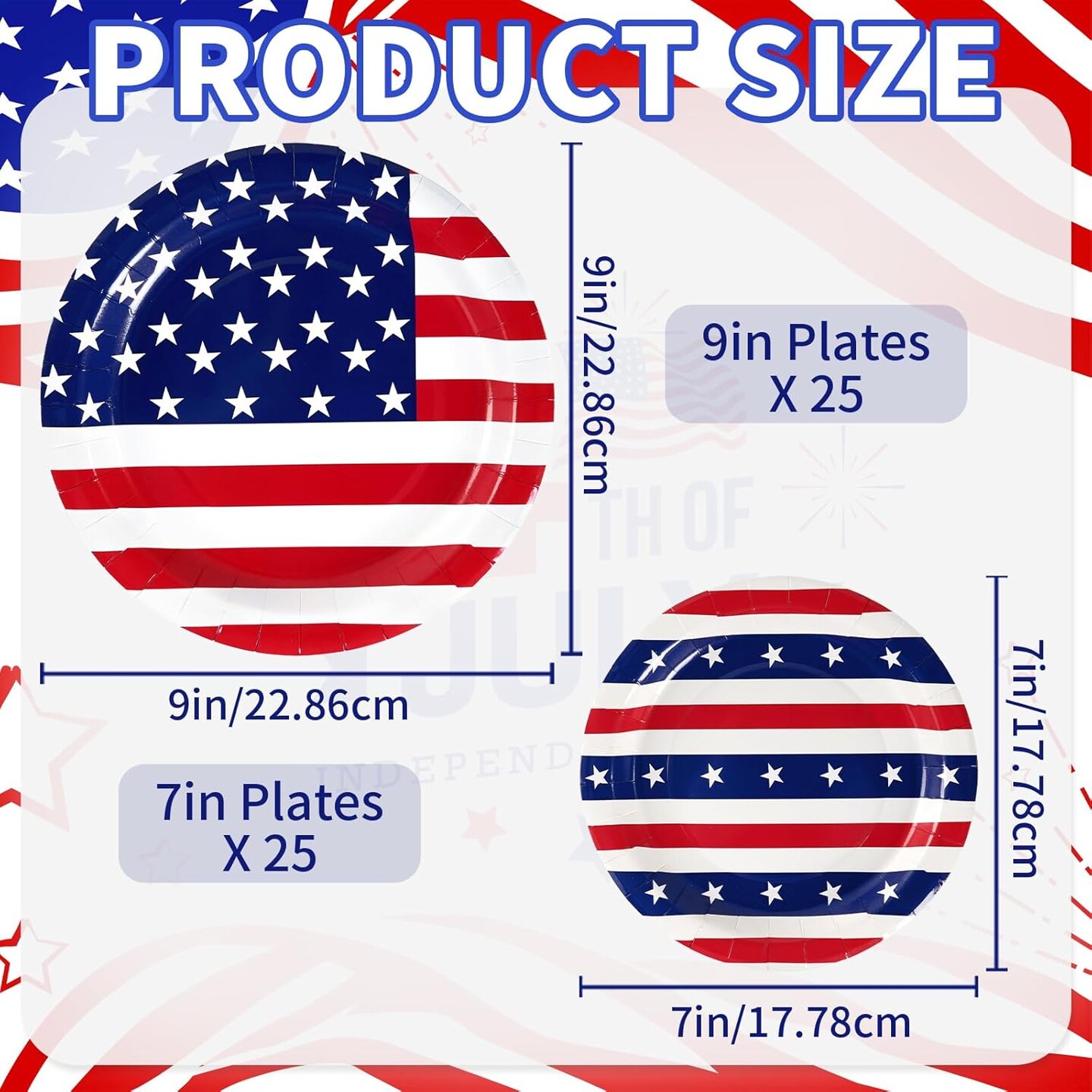 50PCS American Flag Patriotic Party Tableware Set for 25 Guests – Red, White & Blue Disposable 7" & 9" Plates for 4th of July, Independence Day, Veterans Day & Election Day Decorations