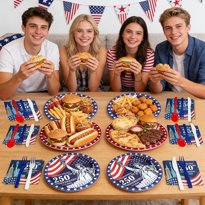 300 Pcs 250th Anniversary 4th of July Decorations American Flag Patriotic Party Supplies Set - Serve 50, 4th of July Disposable Paper Plates Napkins Cutlery Knives Forks Spoons Red White Blue Decor