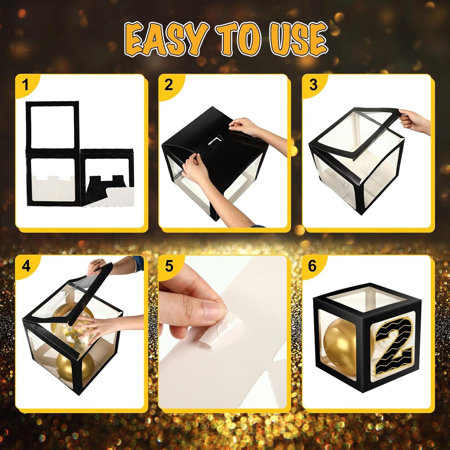 44 PCS Graduation 2026 Balloon Box Decoration Set, Black & Gold Congrats Grad Party Supplies with Transparent Boxes, LED String Lights & Balloons for Class of 2026 Celebration