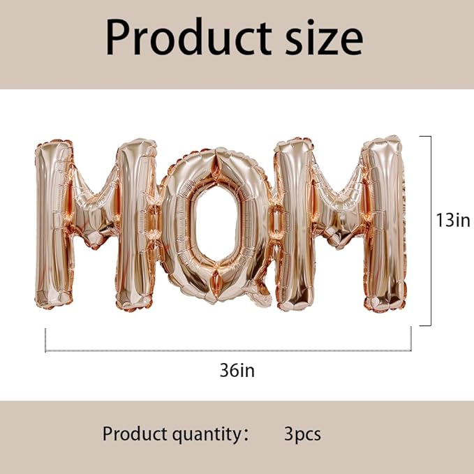 3 Pack Rose Gold Mom Balloons, Conjoined Script Letter Foil Balloons for Mother's Day Decorations, Best Mom Ever Party Supplies & Mama Birthday Photo Props