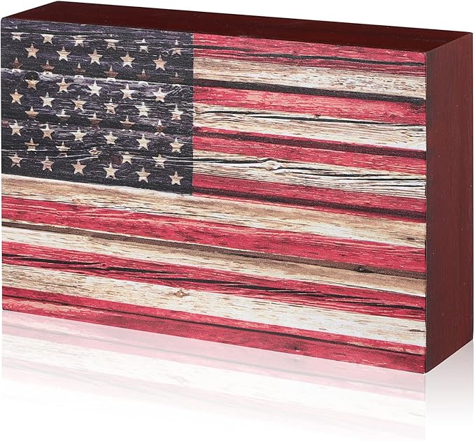 Memorial Day Decor Patriotic 4th of July Tabletop Decorarion Wooden American Flag Box Sign 250th Anniversary Independence Day Veterans Wood Gifts for Table Centerpiece Office Desk Shelf