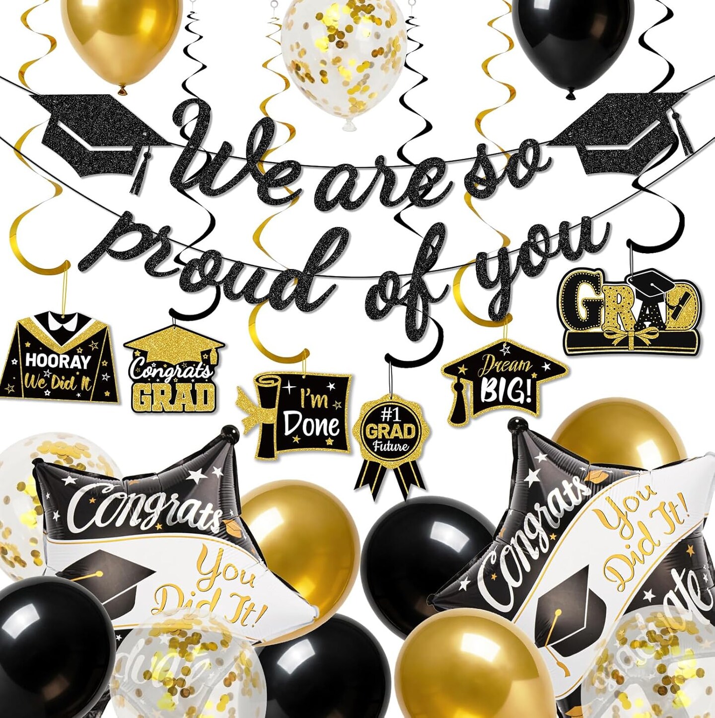Graduation Party Decoration – Black & Gold Class of 2026 Complete Graduation Decor Kit with Banner, Balloons, Hanging Swirls & “We Are So Proud of You” Sign for Party Setup